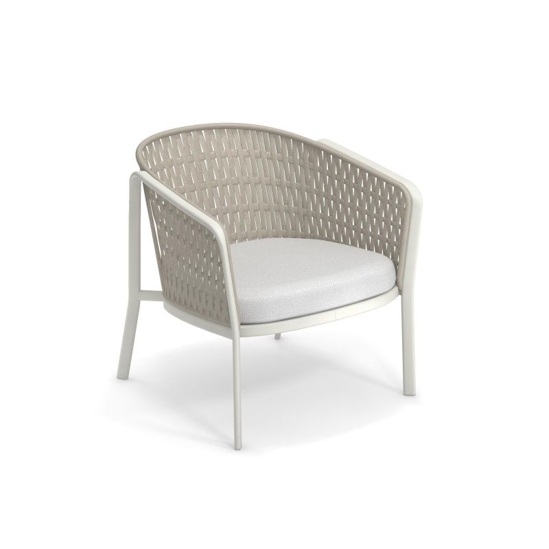 Carousel Loungesessel von Emu: Weißes Gestell, melange-elfenbeinfarbene Sitzfläche, Outdoor-Möbel für Garten und Terrasse.